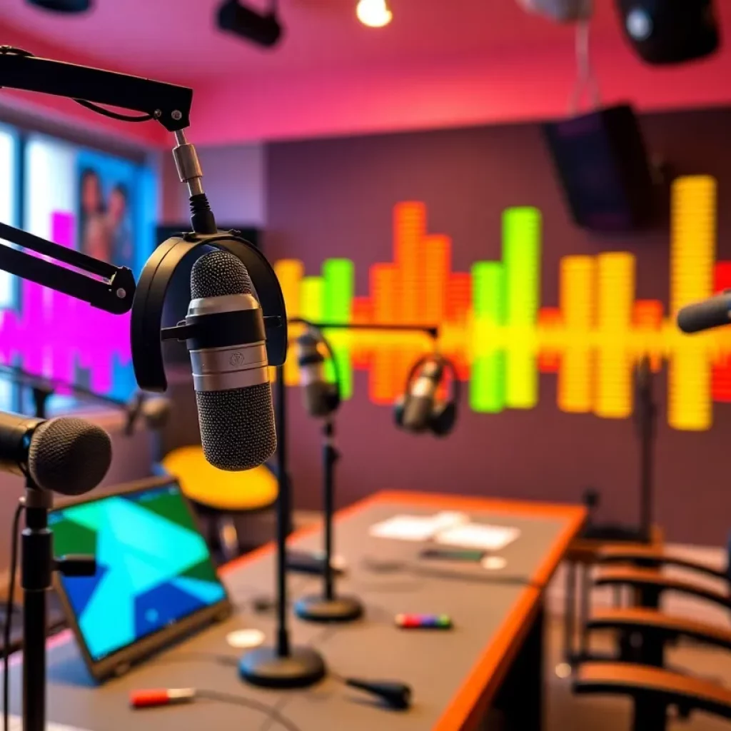 A lively Charleston podcasting studio with equipment and sound waves