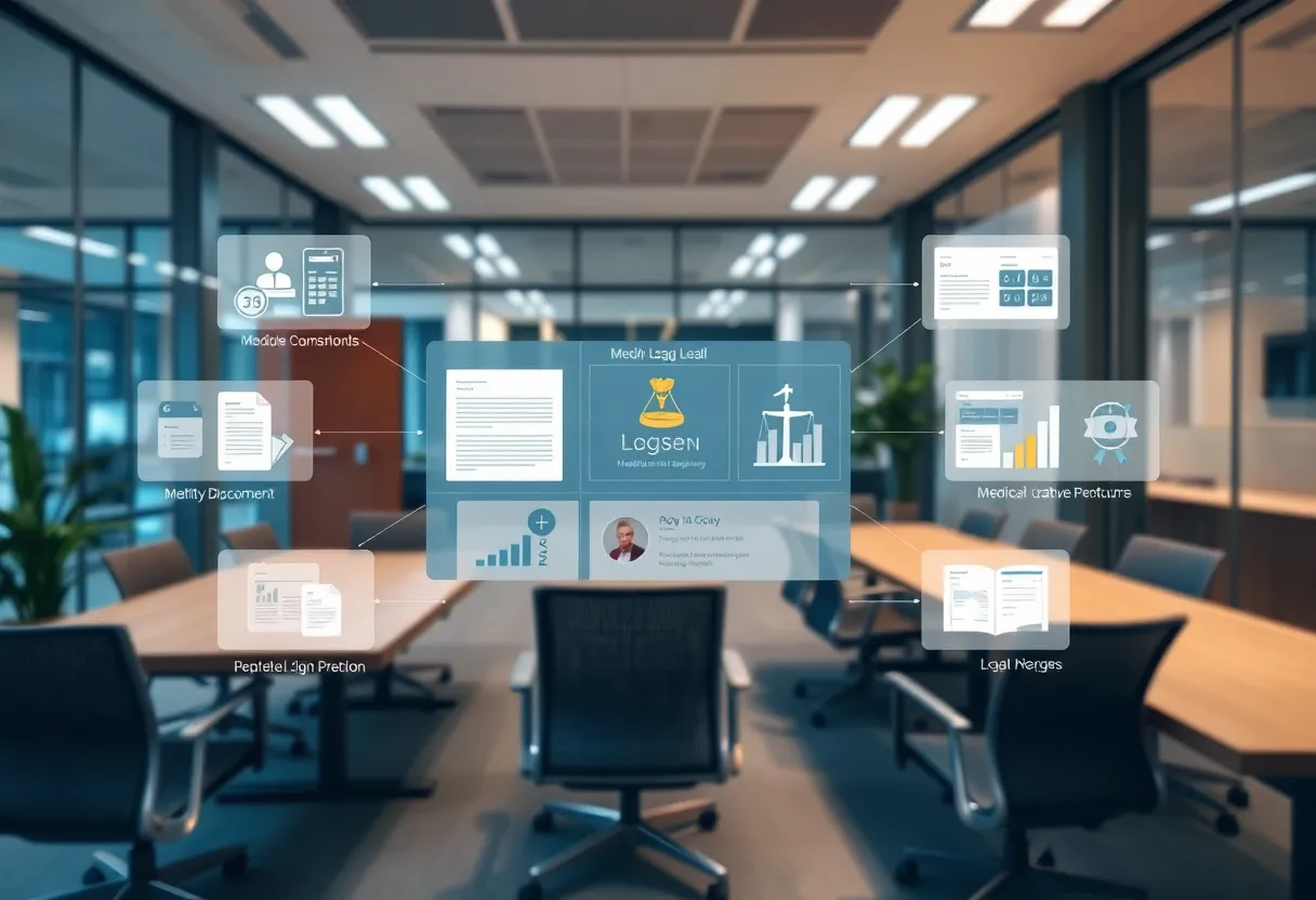 Visual representation of advanced legal technology tools in a modern office setting.