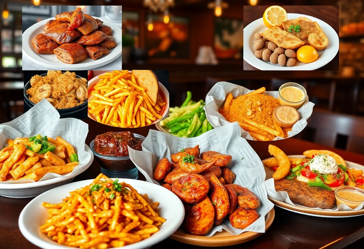 A variety of Southern dishes including barbecue and seafood showcased in a warm restaurant setting.