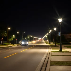 Well-maintained road with pedestrian safety features in Charleston