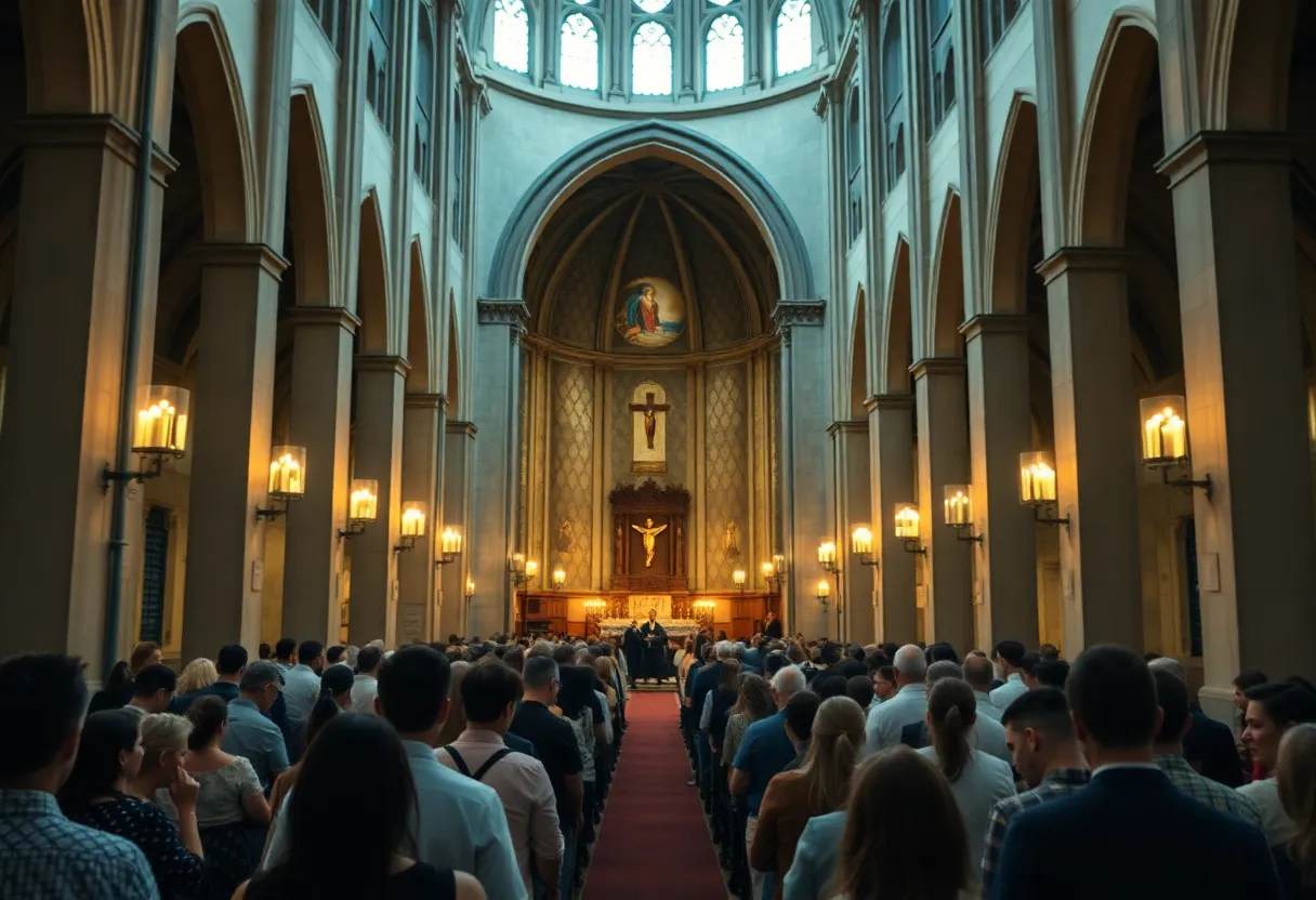 Congregants praying during a Mass supporting the Papal Conclave at Cathedral of St. John the Baptist.