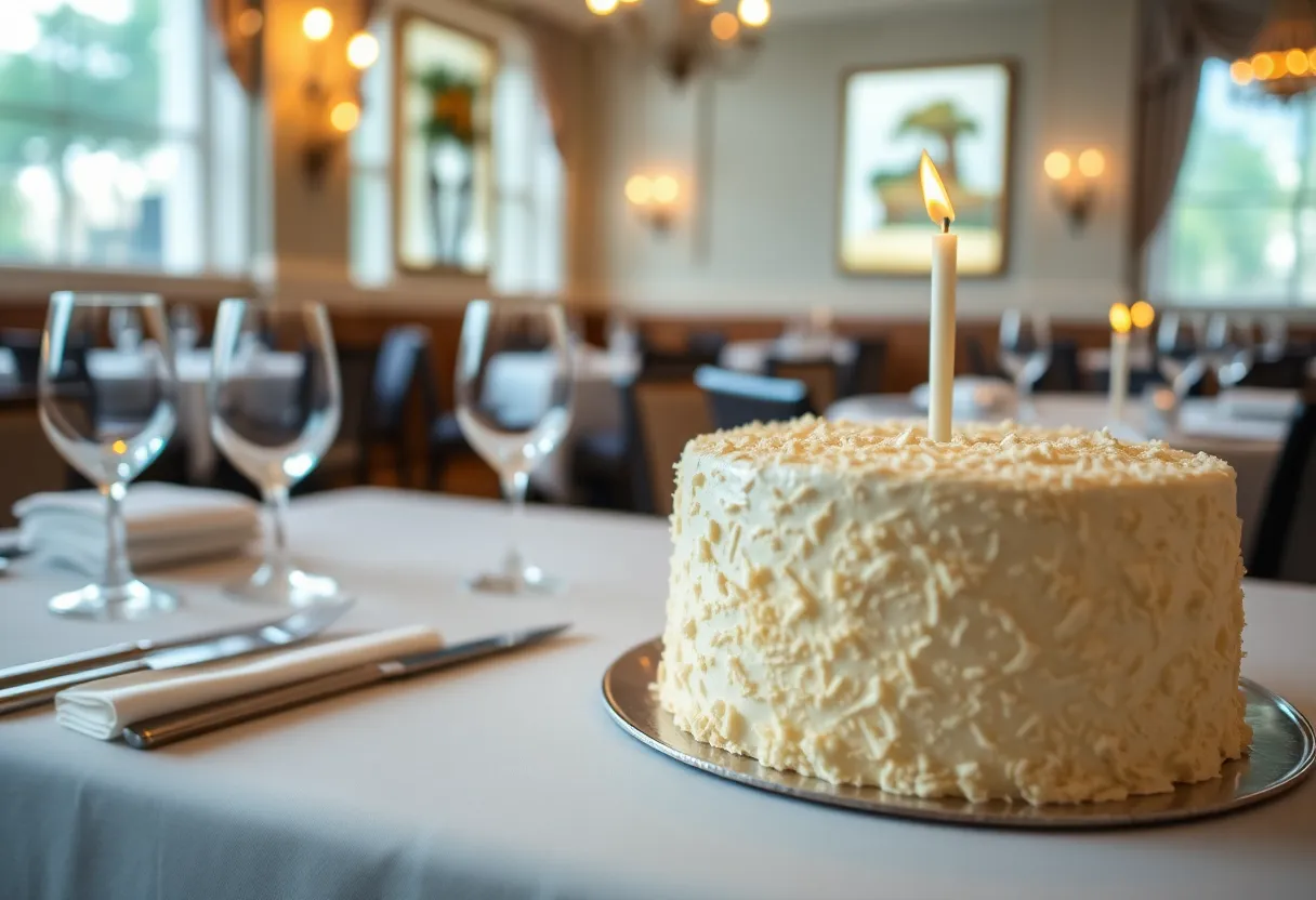 Elegant table setting in a Charleston restaurant with a coconut cake