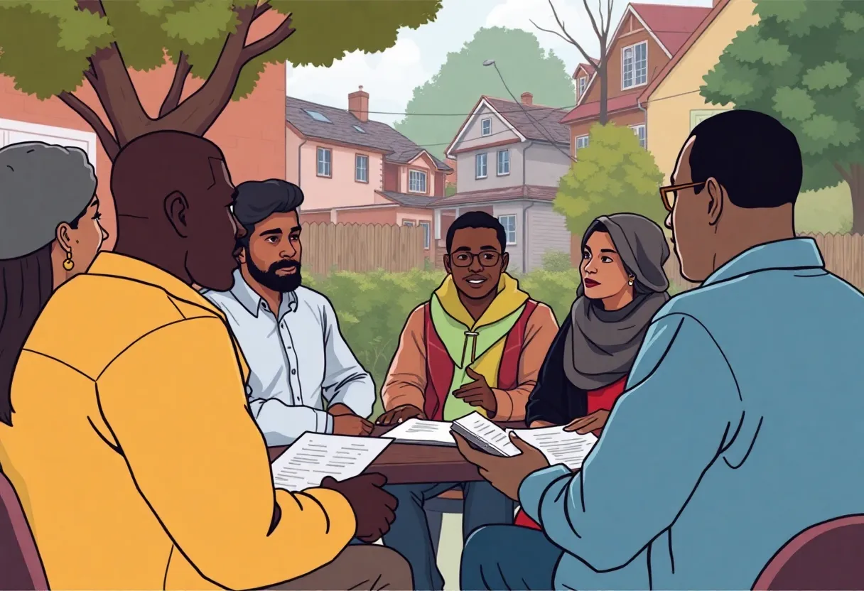 A diverse group discussing justice in a community setting