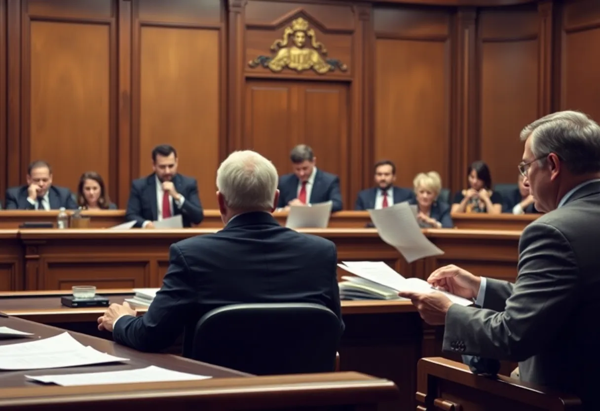 Lawyers discussing evidence in a courtroom setting