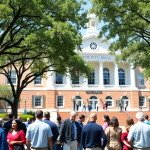 Exterior view of North Charleston City Hall with community members.