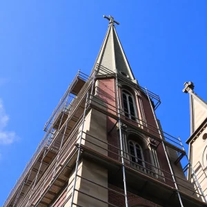 Restoration of St. Philip's Church steeple in Charleston with scaffolding