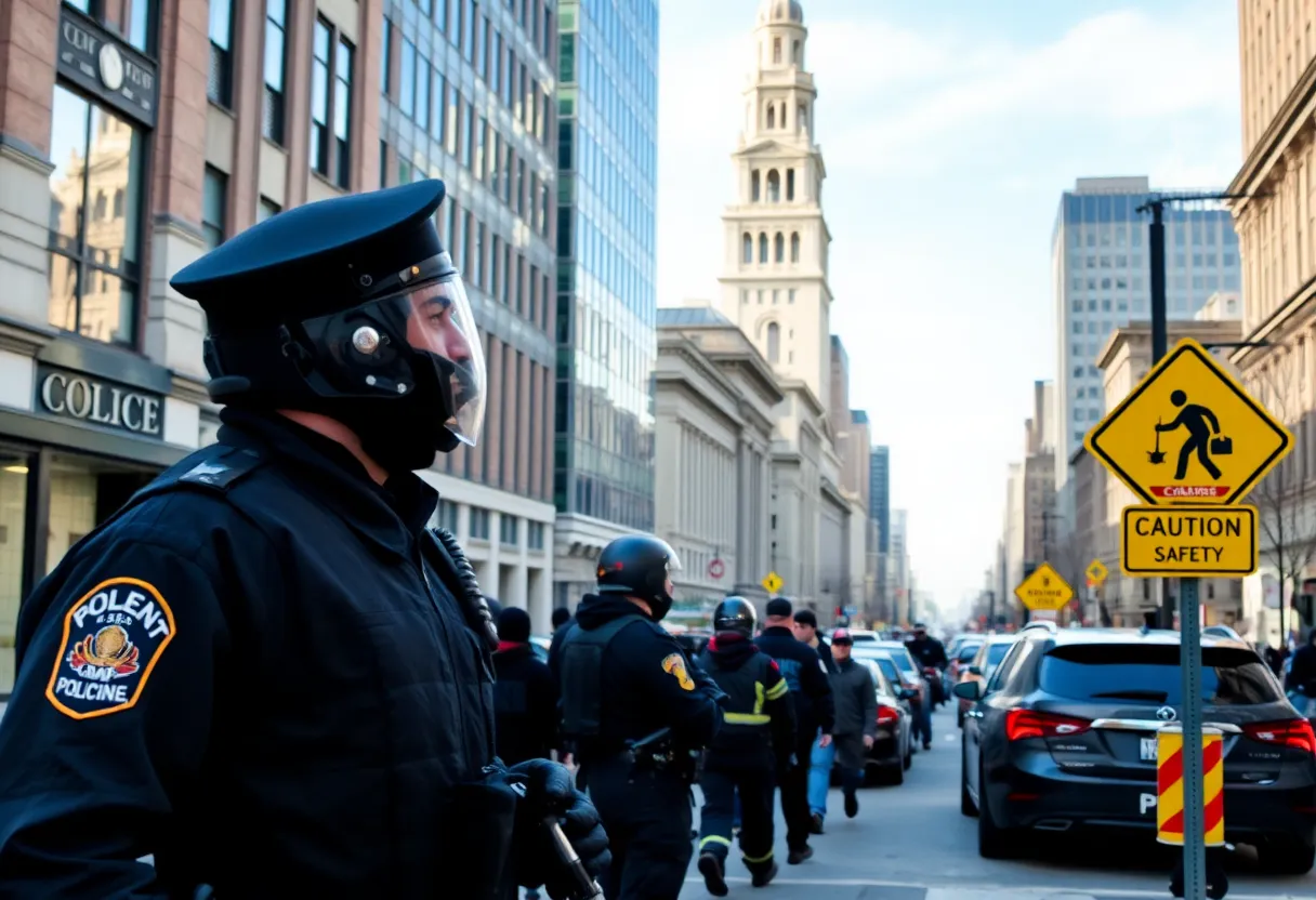 A view of Albany's urban landscape, emphasizing safety measures.
