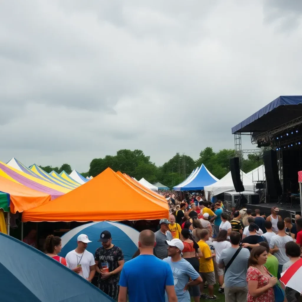 A festival scene depicting tents and attendees at Bonnaroo Music Festival with an overcast sky.