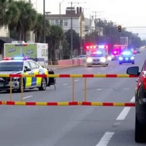 Scene of a road closure in Charleston due to a vehicle collision