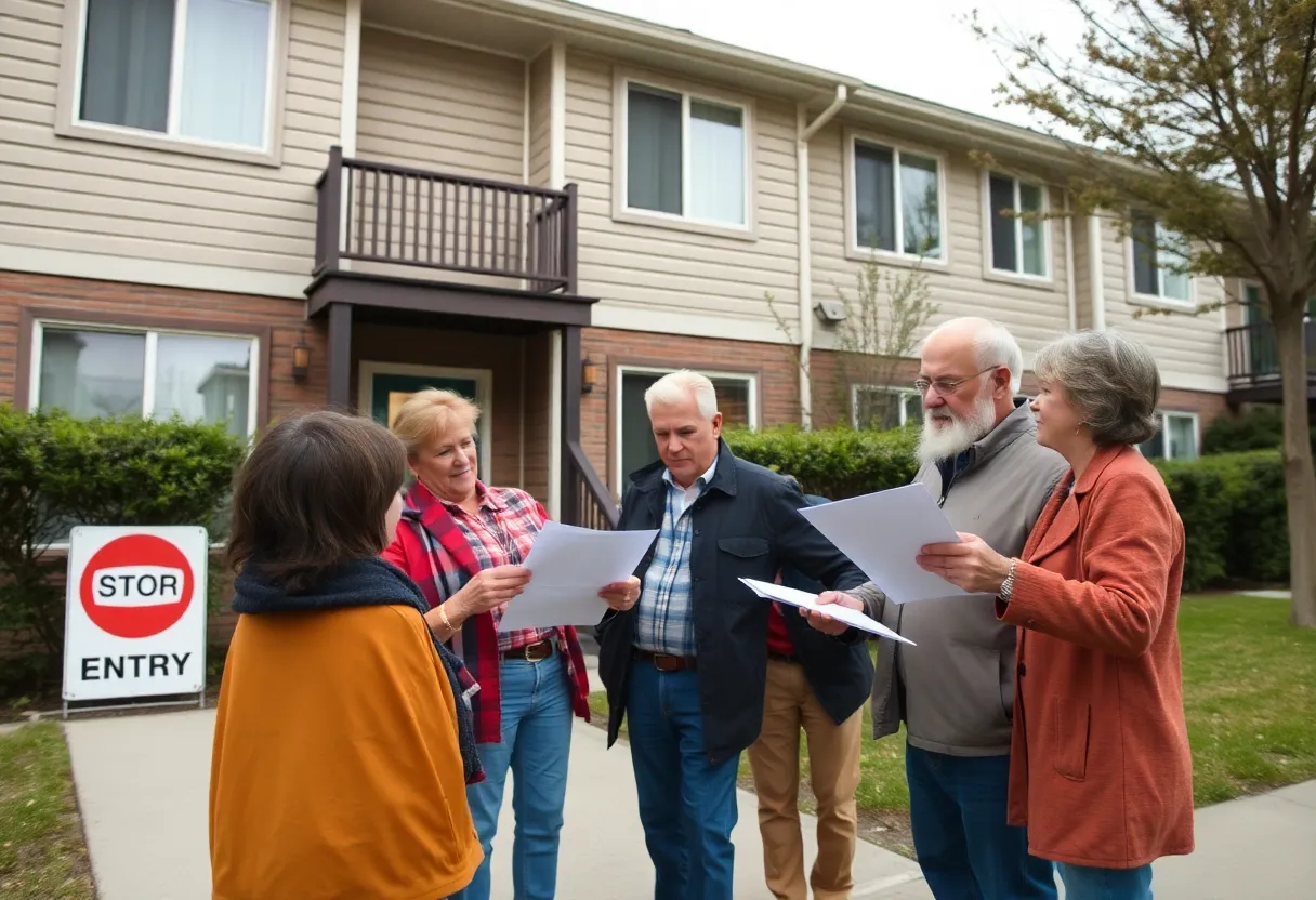 Townhome owners discussing evacuation lawsuit outside residential building