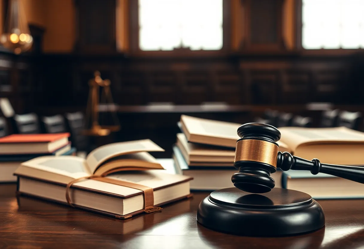 Illustration of a courtroom with law books and a gavel