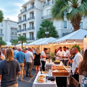 A lively scene from the Food & Wine Classic in Charleston, featuring food tastings and chefs cooking.