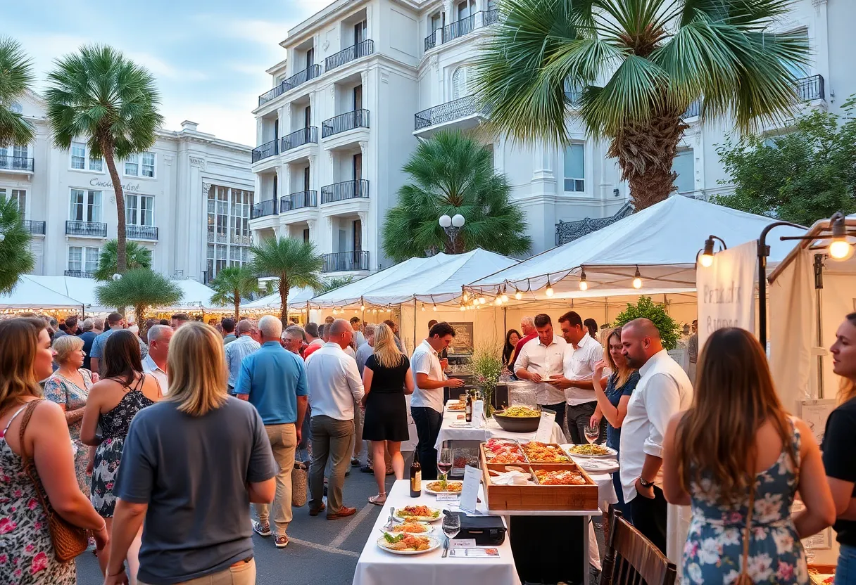 A lively scene from the Food & Wine Classic in Charleston, featuring food tastings and chefs cooking.