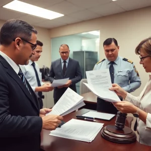 Investigators reviewing documents related to insurance fraud case