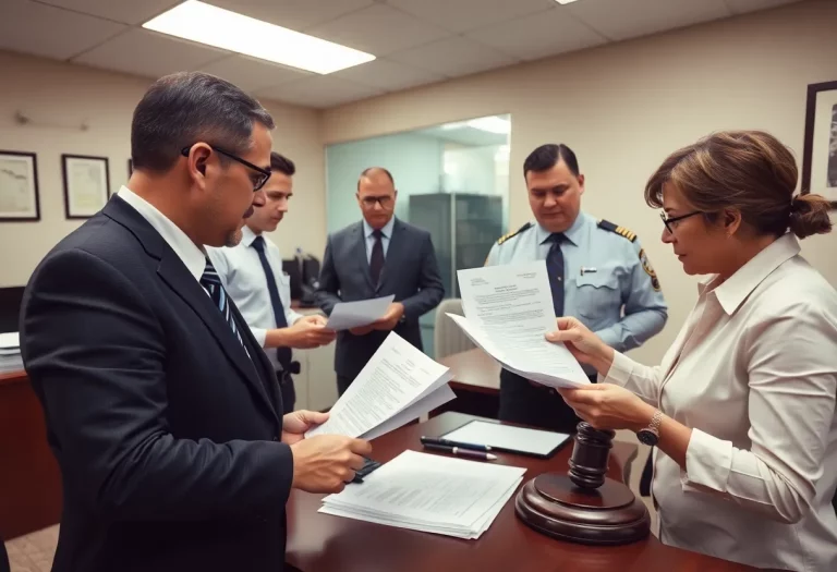 Investigators reviewing documents related to insurance fraud case