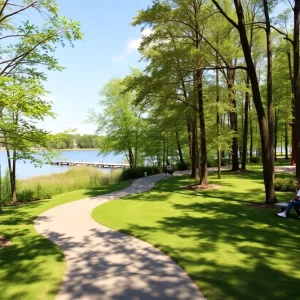View of the new park on Johns Island featuring wooded areas and waterfront access.