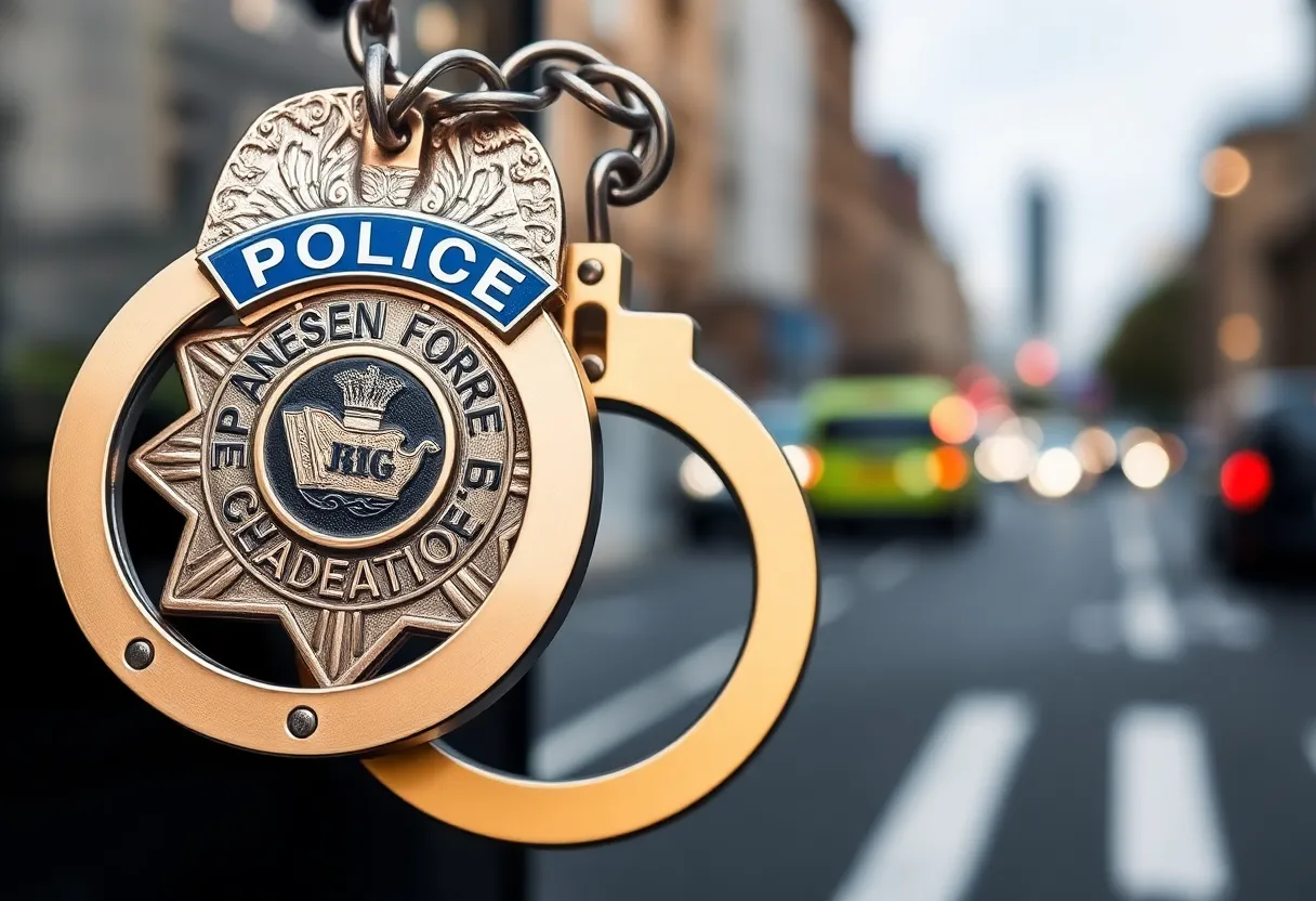 Police badge and handcuffs representing law enforcement concerns.