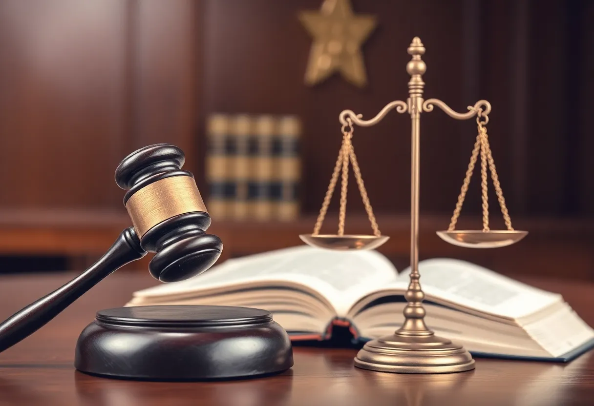 A courtroom scene with a gavel and law books symbolizing legal justice.