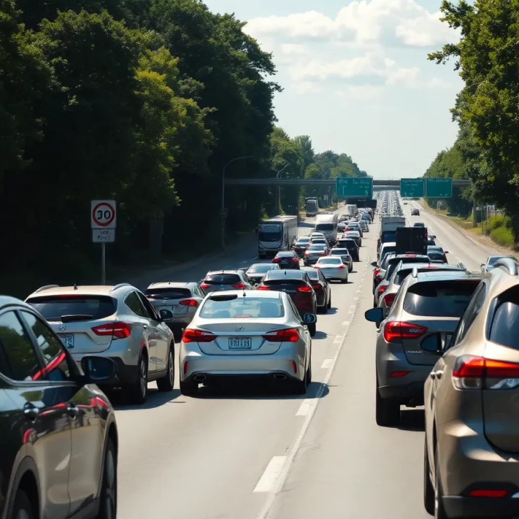 Traffic congestion on Maybank Highway with vehicles and trees