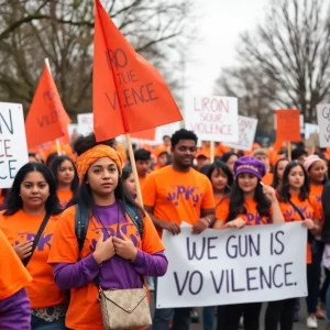 Community members wearing orange and purple for gun violence awareness