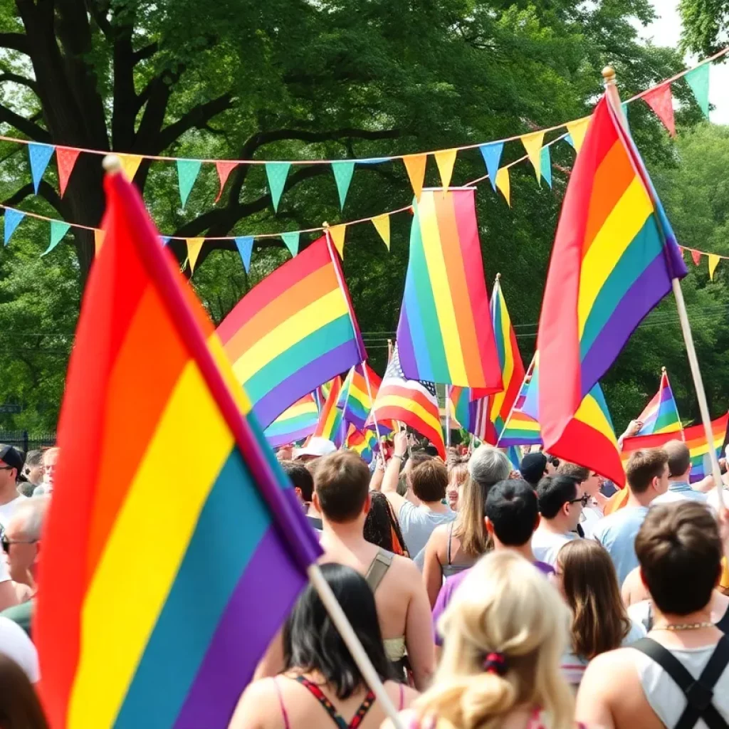 Celebration at the Park Circle Pride Festival with people and rainbow flags