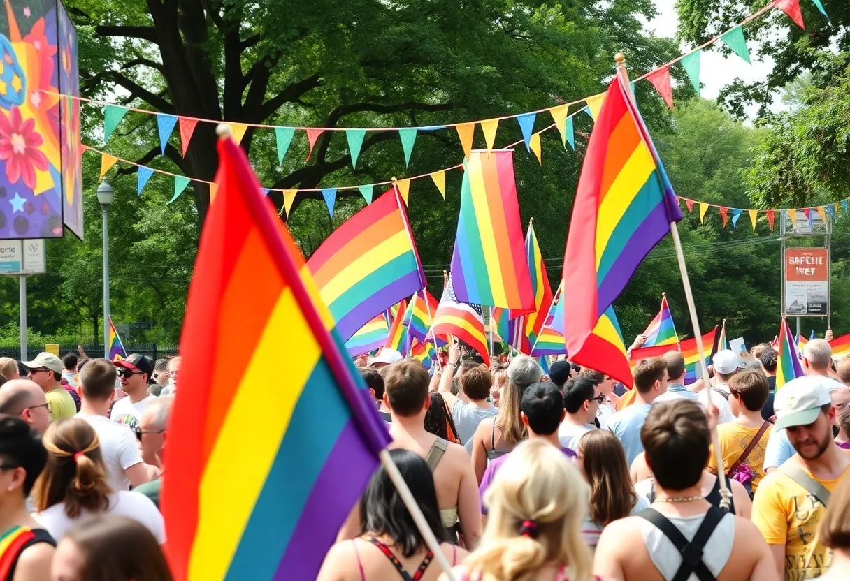 Celebration at the Park Circle Pride Festival with people and rainbow flags