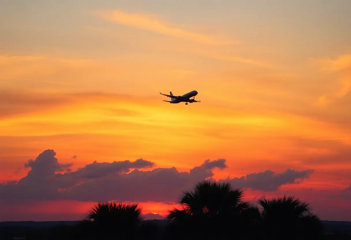 Airplane departing from Charleston for Bermuda at sunset