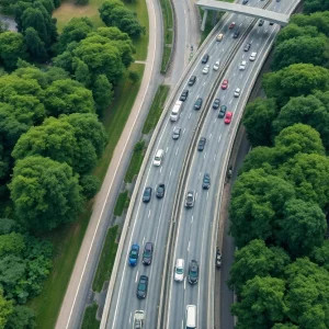 Aerial view of traffic congestion in Charleston area with surrounding green spaces.