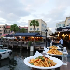 View of restaurants along Charleston waterfront with seafood dining.