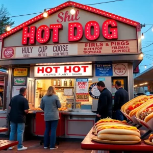 Customers enjoying hot dogs at Johnny's Hot Dogs stand in Mount Pleasant.