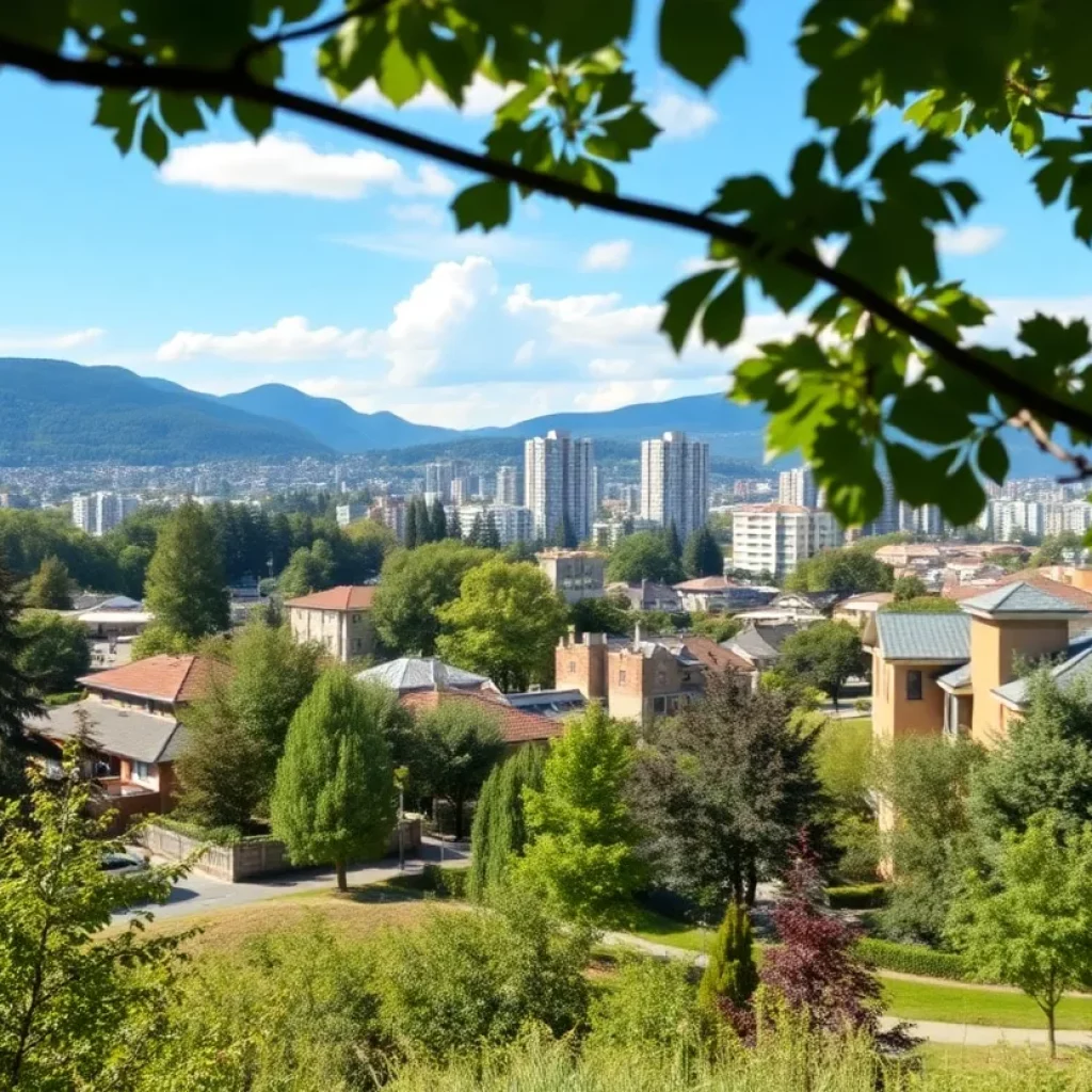 A scenic landscape of Mount Pleasant featuring green spaces and local development.